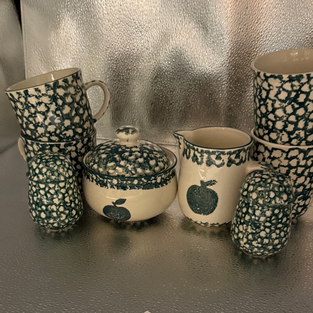 Vintage Green Spongeware including creamer and sugar, salt and pepper and 4 mugs